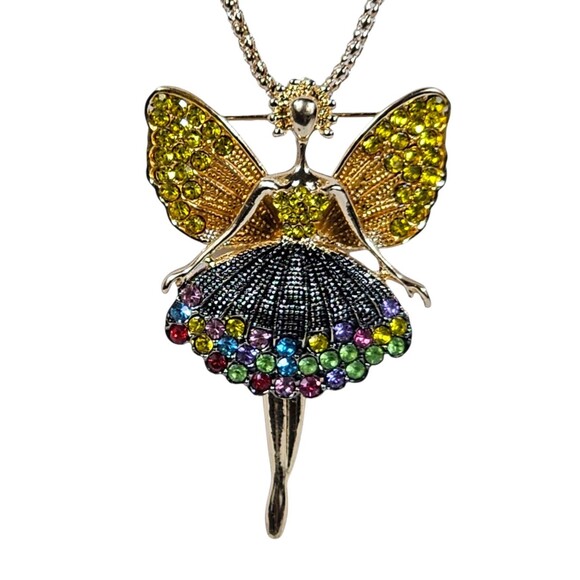 Betsy Johnson Crystal Angel Multi Color Pendant, Brooch Necklace With Wings NWT - Picture 2 of 9